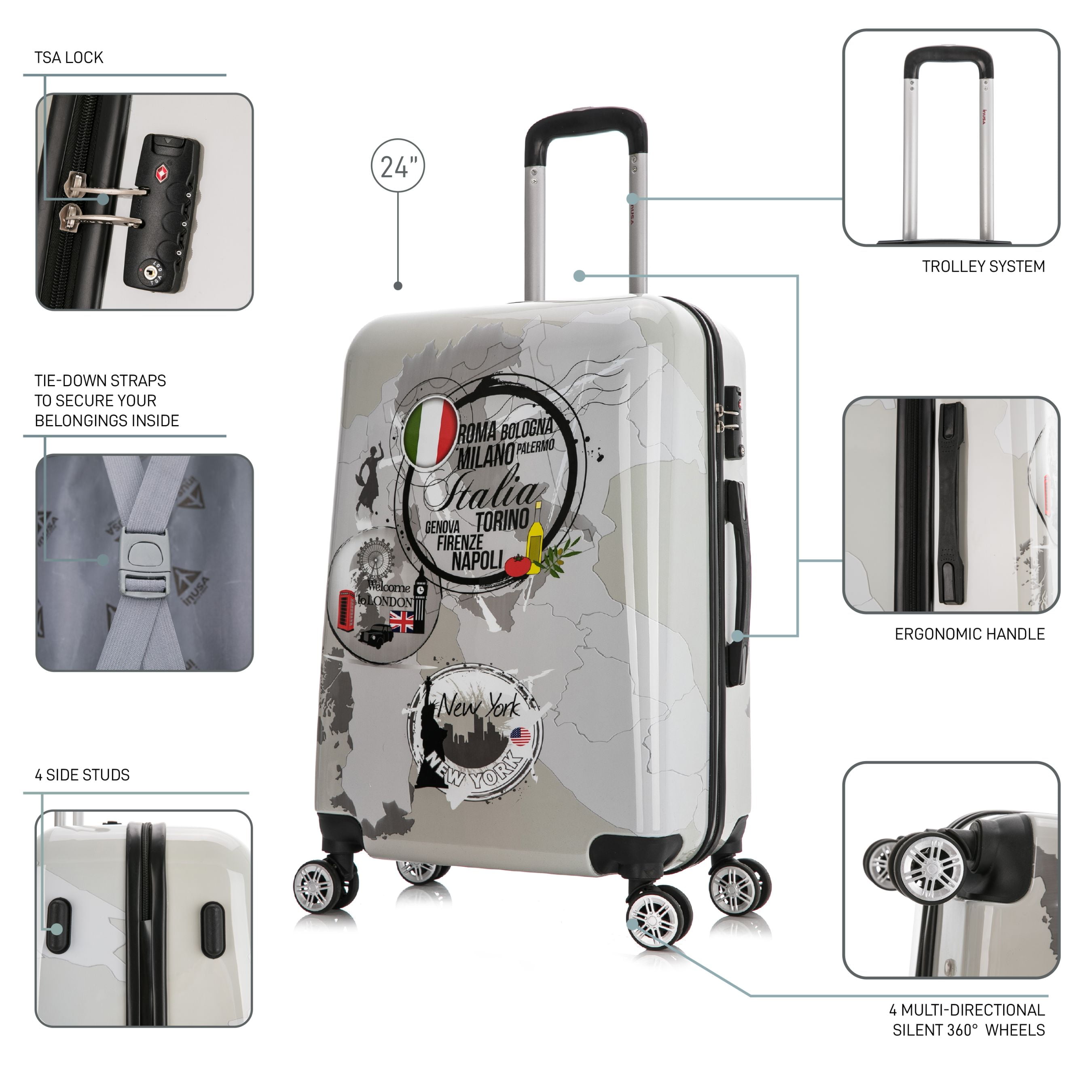 InUSA Print 24" Hardside Checked Luggage with Spinner Wheels, Handle and Trolley, World