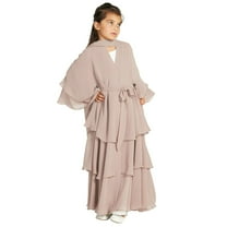 IBTOM CASTLE Kids Girls Muslim Abaya Dress Long Sleeve Chiffon Islamic Kaftan Robe Open Front Cardigan Prayer Dress with Hijab 13-14 Years Khaki