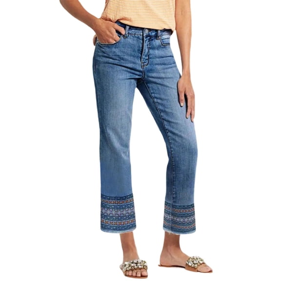 jowamay Jeans for Women Straight Leg Mid Rise Summer Stretchy Cropped Jeans Washed Embroidery Denim Pants for Travel