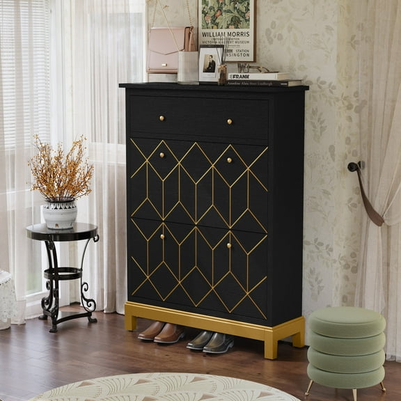 HLR Shoe Storage Cabinet with 2 Flip Drawers, Freestanding Organizer with Wood Legs for Entryway, Narrow Shoe Rack Cabinet, Black