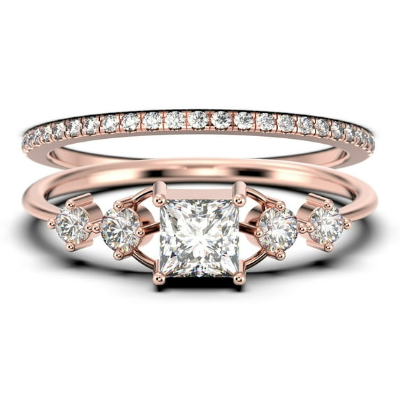 Anniversary Ring Minimalist 1.25 Carat Princess Cut Diamond Moissanite Engagement Ring, Dainty Wedding Ring in 925 Sterling Silver With 18k Rose Gold Plating, Bridal Set, Matching Band