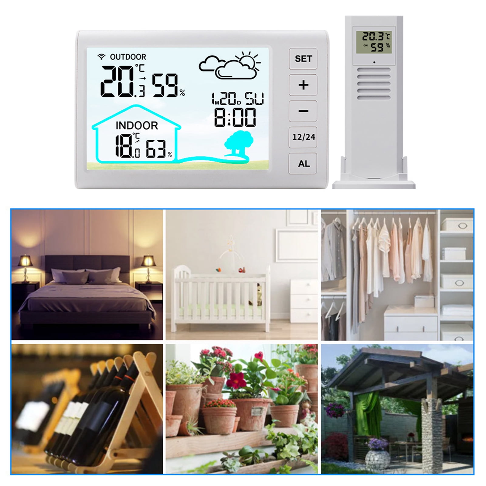 Riousery Wireless Weather Station Indoors Outdoors Temperature Humidity Display Clock Alarm with Adjustable Backlight, 5.3x3.3 inches / 13.5x8.4 cm