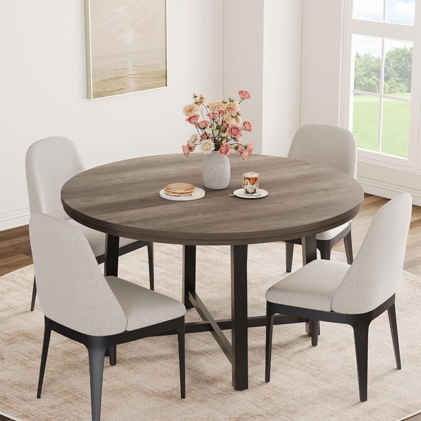 47-pulgada round dining mesa para 4: moderno industrial design con thick tabletop y sturdy metal base, space-saving para kitchen y dining room, gris