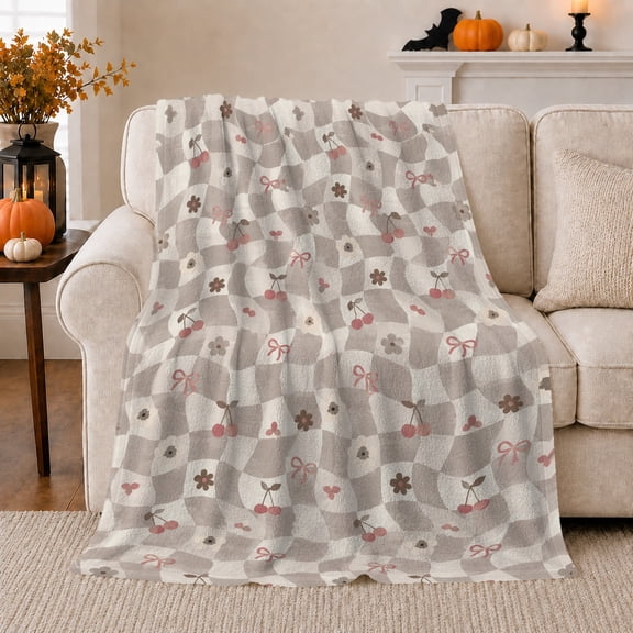 Checkered Grey Cherries Bows Flowers Rustic Festive, Festive Halloween Scene, Warm Flannel Blanket for Living Room and Reading Nook, Art Lovers Halloween Gift, Festive Home Decor