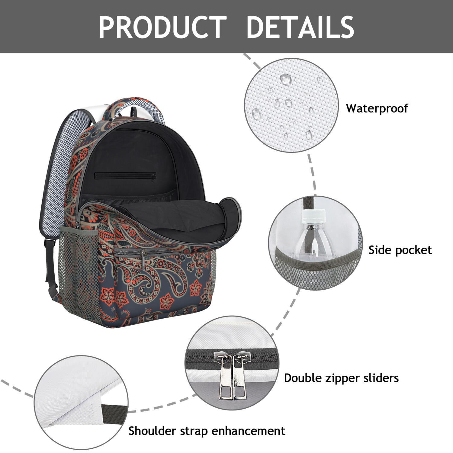Decorative Paisley Print School Backpack - Waterproof & Breathable Bookbag with Adjustable Straps