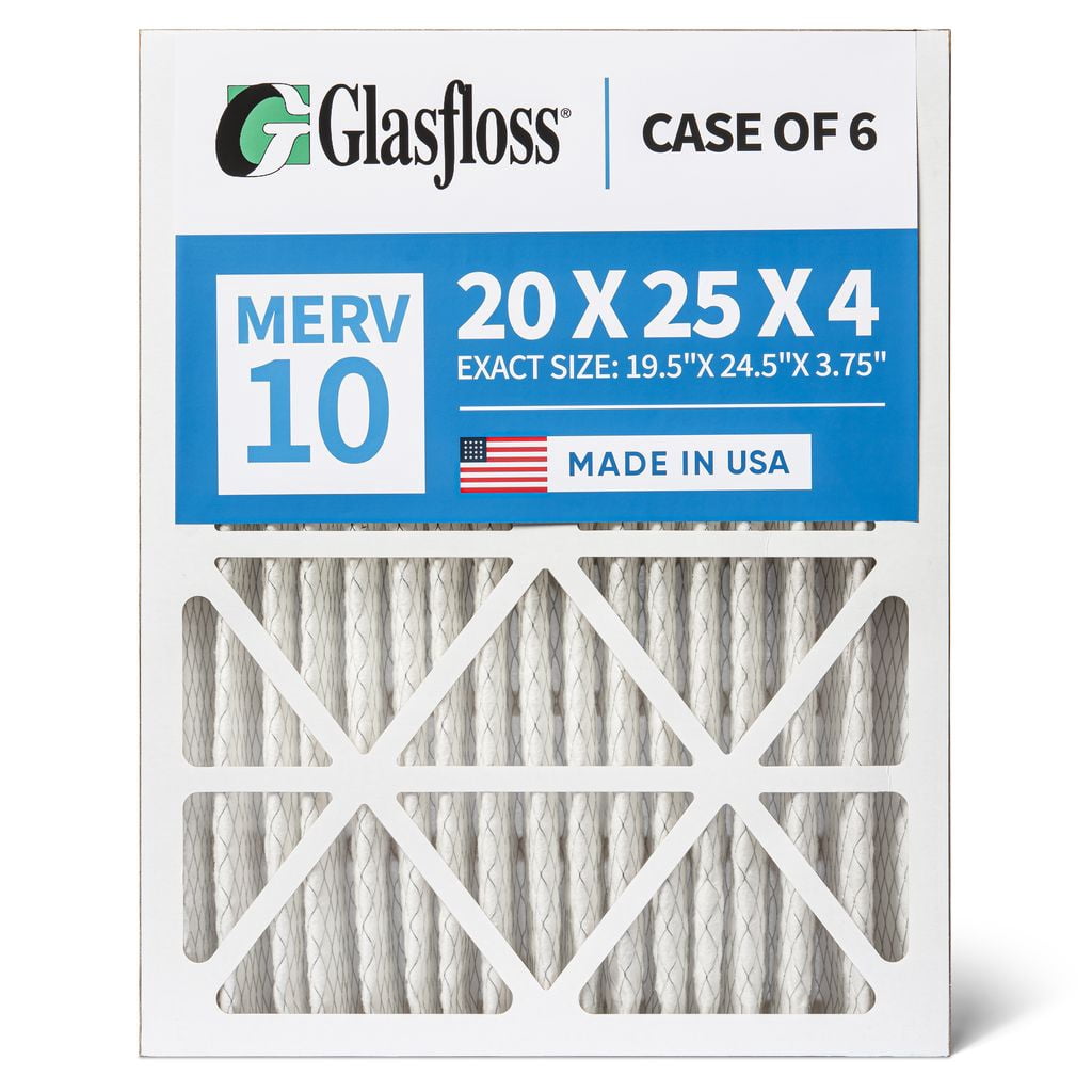 6 Pack of 20x25x4 MERV 10 Pleated 4" Inch Air Filters by Glasfloss. Actual Size: 19-1/2 x 24-1/2 x 3-3/4