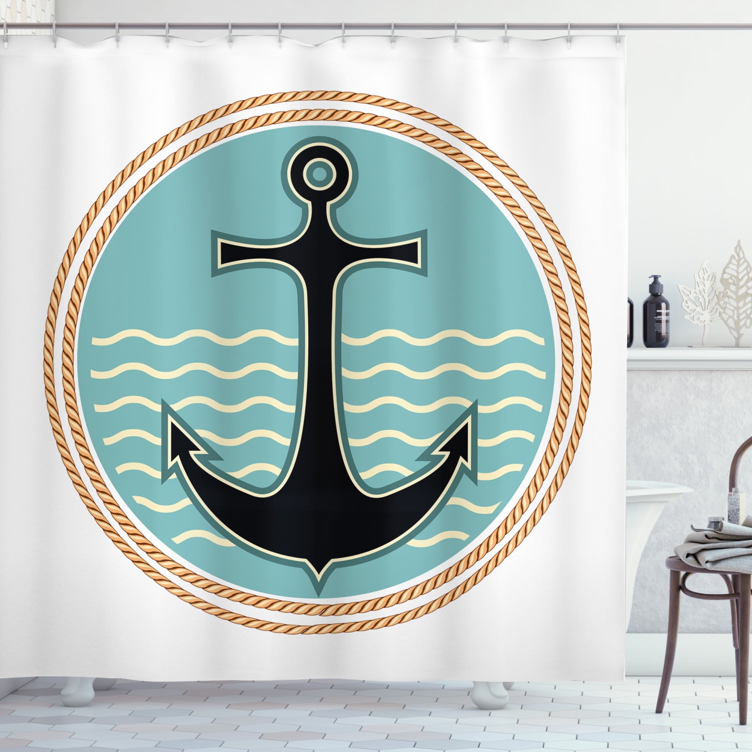 Anchor Shower Curtain, Nautical Symbol with Wavy Ocean Background and