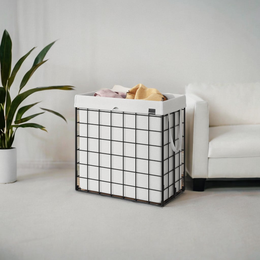 Cream White Laundry Hamper - 29 Gal. (110L) Laundry Basket with Collapsible Design. Features a Removable and Washable Liner, Metal Wire Frame
