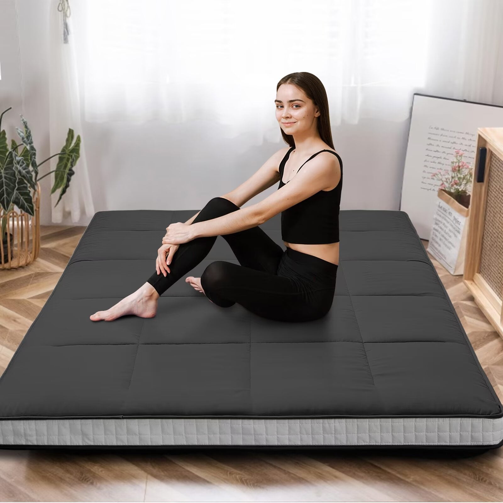 MOPHOTO Black Japanese Futon Mattress Extra Thick Folding Sleeping Pad Futon Mattress Portable Camping Mattress with Storage Bag, Twin