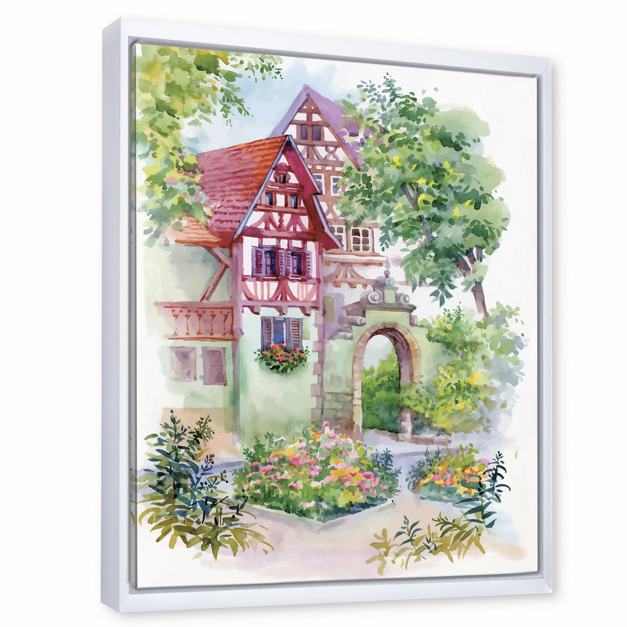 Designart 'Red Rustic House In The Country Side Landscape' Traditional Framed Canvas Wall Art Print