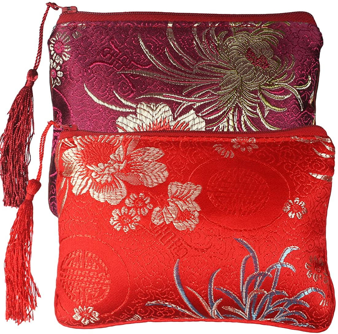 wholesale 16 pcs mixed colors small Embroider silk zipper bag coin purses 