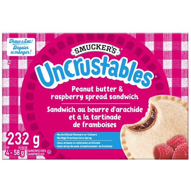 Smucker's Uncrustables Peanut Butter & Raspberry Spread Sandwich, Frozen, 58g, Pack of 4