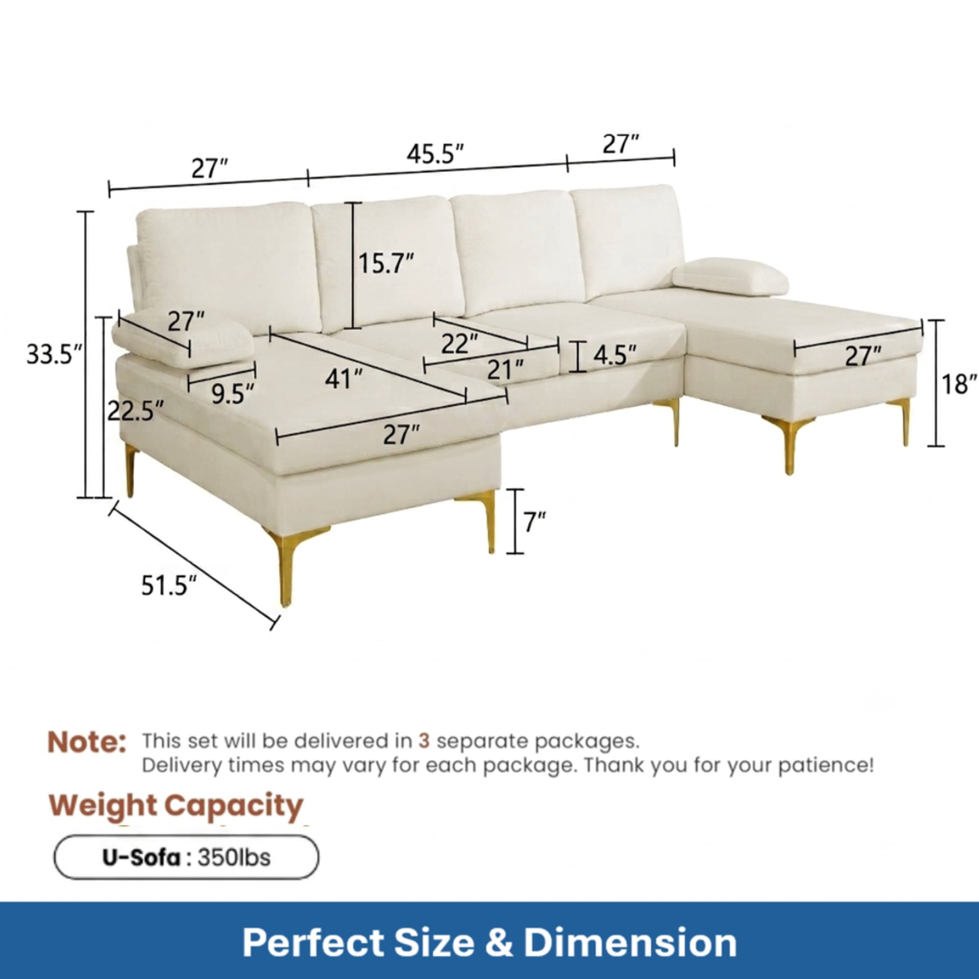 Howcool 99.5" U-Shaped Sectional Sofa with Double Chaise,4-Seater Couch with Gold Legs for Living Room,Cream White