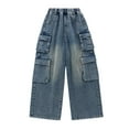 thumbnail image 4 of CPNG Teen Girls Solid Color Baggy Leg Wide Leg Cargo Denim Pants Trendy Loose Casual Denim High Waist Cargo Jeans(Light Blue,15-16 Years), 4 of 7