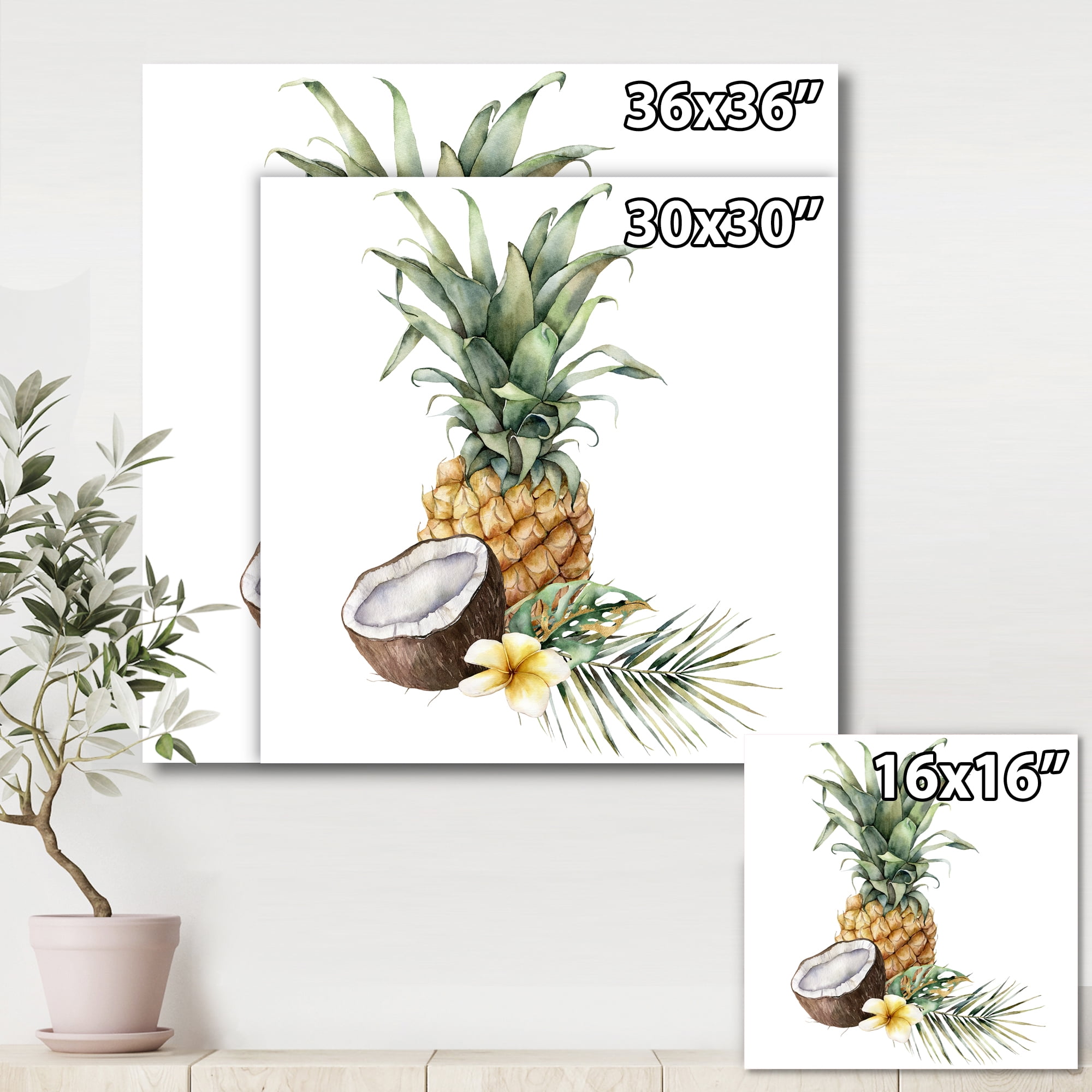 Designart ' Pineapple With Plumeria Coconut and Palm Leaves ' Traditional Canvas Wall Art Print