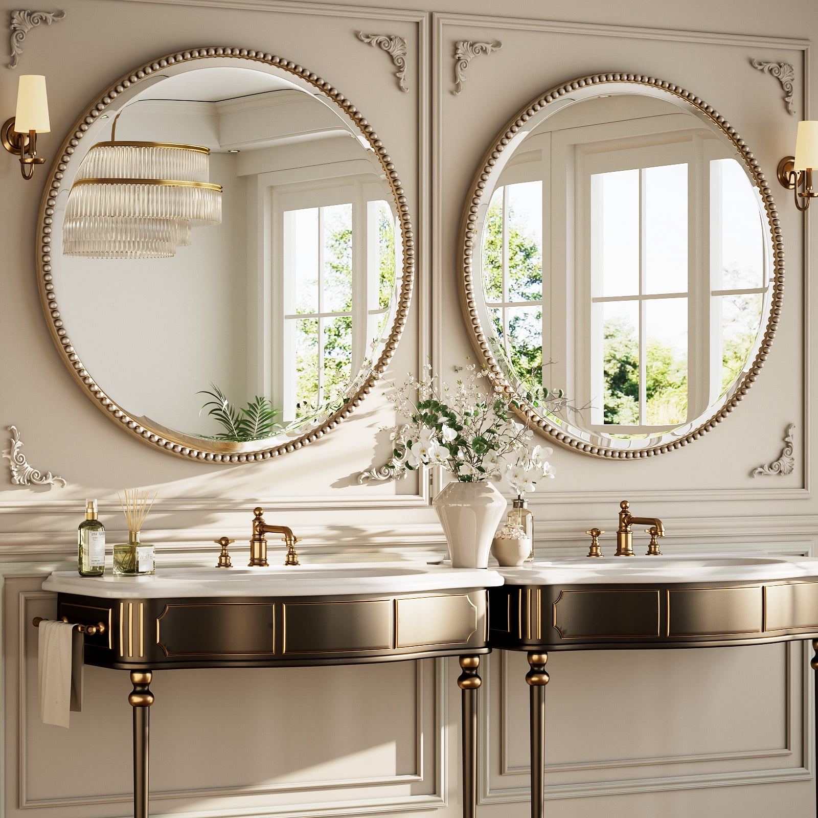 Puremirror 32" Round Bathroom Mirror Decoration Wall Mirror with Beaded Frame, Silver