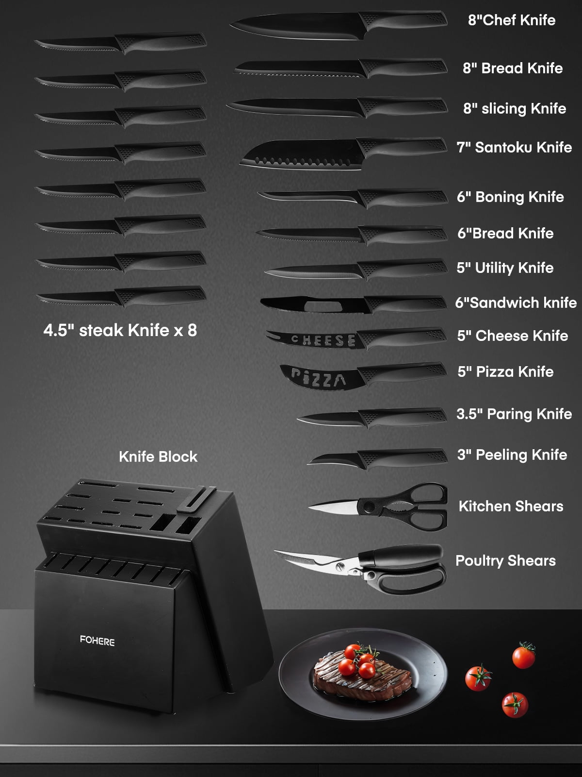 Knife Set 23 Pieces Kitchen Knife Set with Block and Built-in Sharpener High Carbon Stainless Steel Self-Sharpening Anti-Rust Coating Knife Block Set with Wooden Block, Black
