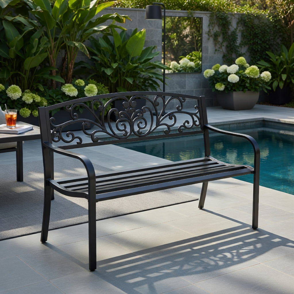 Hommoo 50" Outdoor Steel Frame Bench with Cast Iron Mesh Backrest, Heavy-Duty Patio, Garden & Deck Seating, Black