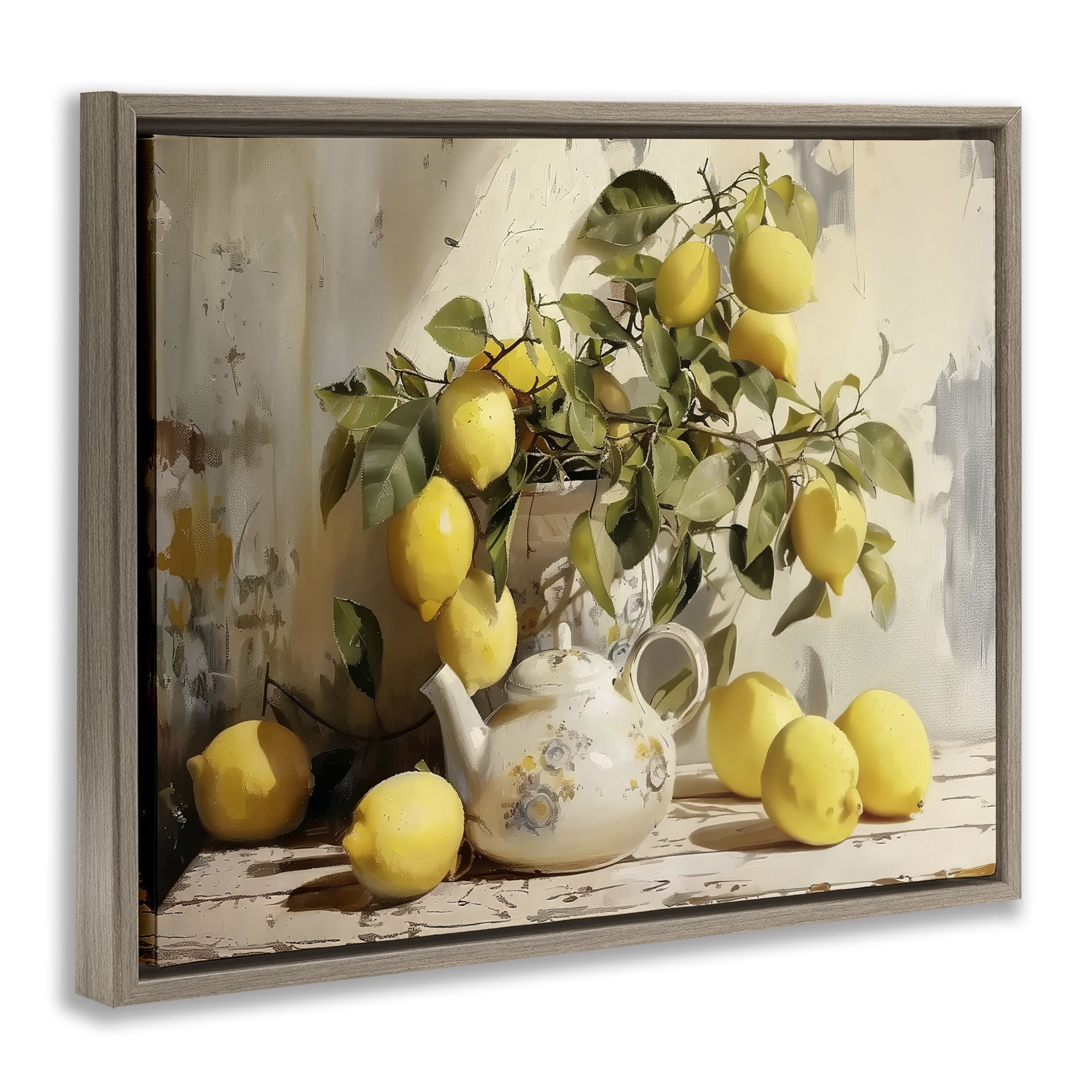 Stupell Industries Lemon Still Life with Teapot Brown Framed Floater Canvas Wall Art, design by LSR Design Studio