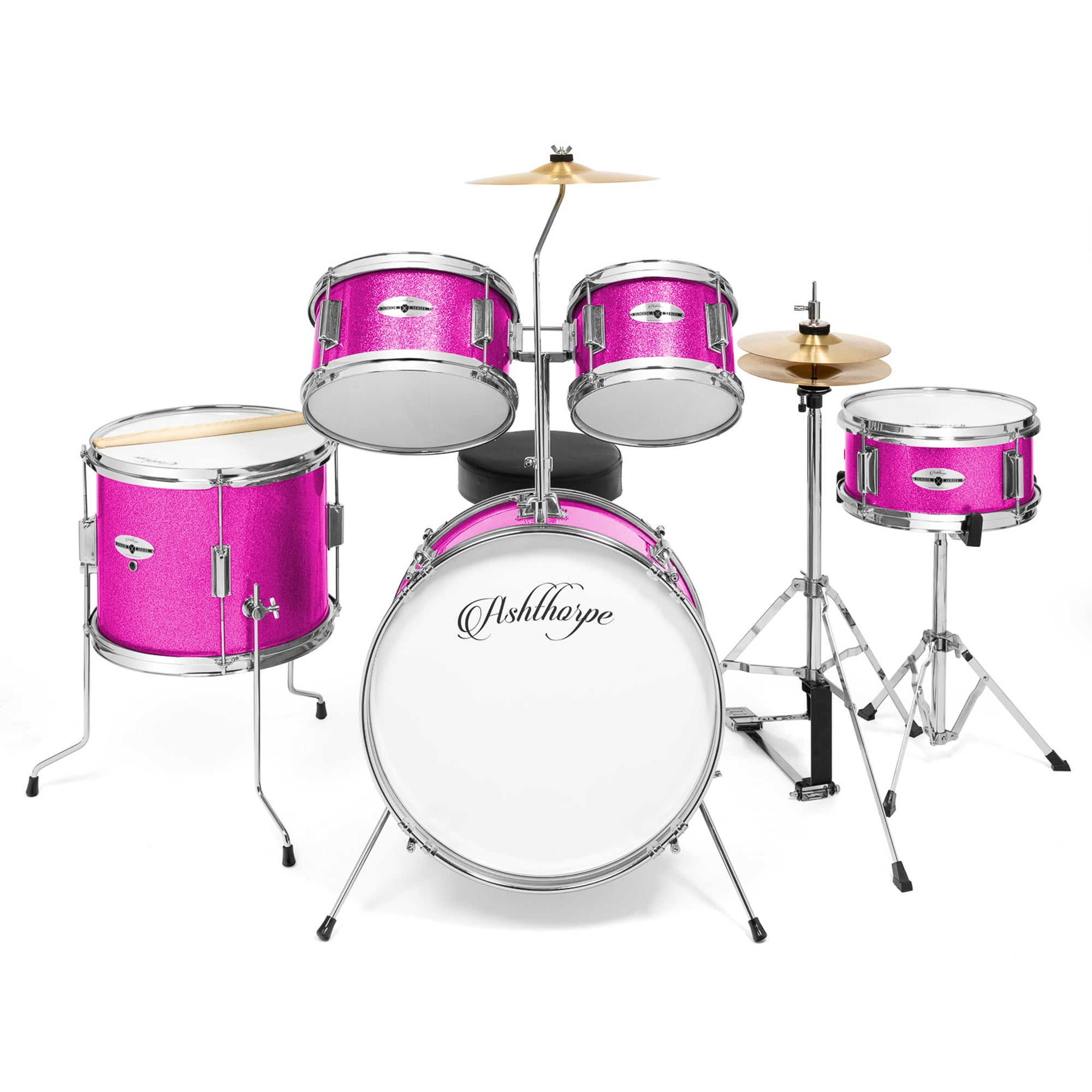 Ashthorpe 5-Piece Complete Junior Drum Set with Brass Cymbals and Drummer's Throne - Pink