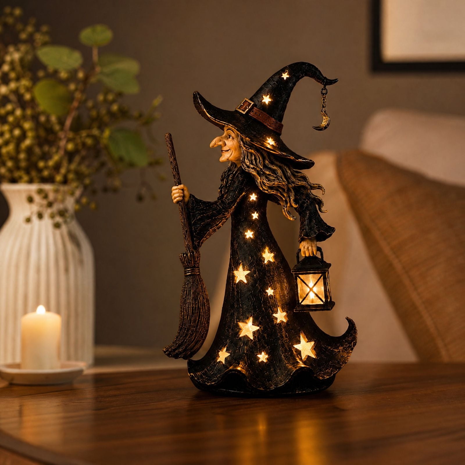 syligr Lighted Witch Statue for Halloween Decorations, Light Up Vintage Witch Figurine with Lantern & Broom, Spooky Tabletop Ornament for Mantel Shelf Porch, Holiday Party Decor Gift