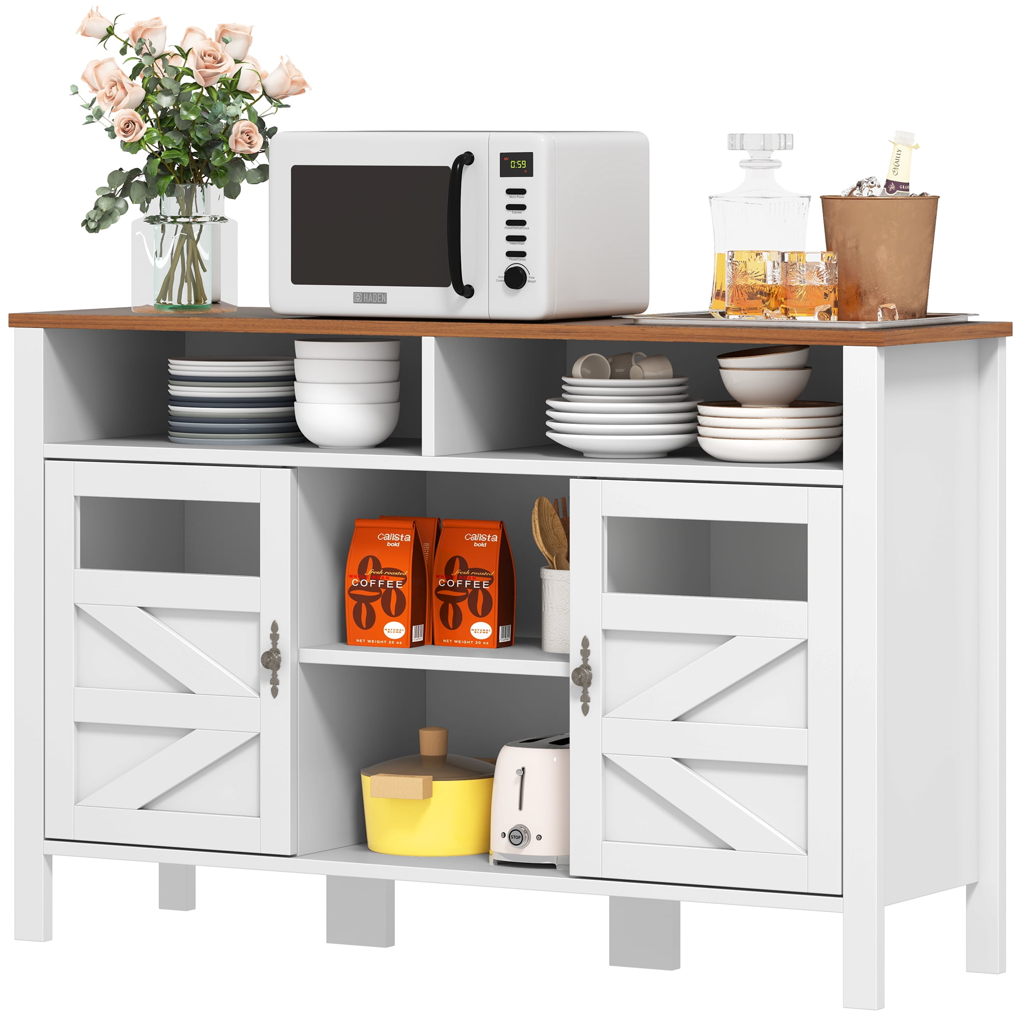 Uforic Farmhouse Coffee Bar Cabinet with Storage & Built-In Power Strip - White & Walnut Buffet Sideboard, 5-Drawer Liquor Bar for Kitchen, Dining Room, Bedroom