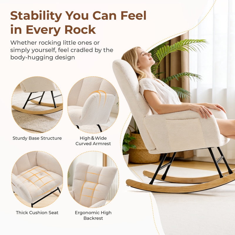 Gianna Rocking Chair with High Backrest, Teddy Upholstered Indoor Reading Glider Chair with Comfy Seat for Bedroom, Living Room, Beige