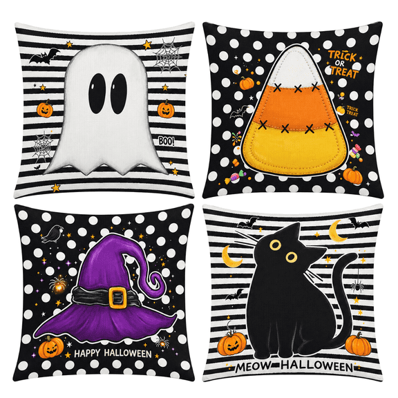 Ahaia Spooky & Cute Halloween Throw Pillow Covers 18x18 in Set of 4 - Ghost, Candy Corn, Witch Hat & Black Cat Designs - Perfect for Trick or Treat Decor in Your Farmhouse Home, No insert