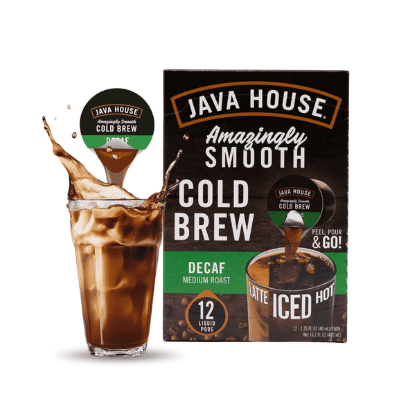 Java House Single-Serve Cold Brew Coffee Pods – Premium 100% Arabica Liquid Concentrate – Smooth & Bold Decaf Roast – 12 Pods – Ready Hot or Iced, Travel-Friendly, TSA Approved