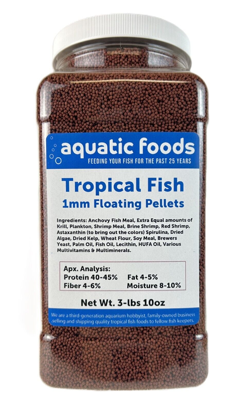 1mm - 1/32" Floating 40% Protein Pellets for Discus, Cichlids, Bettas, Guppies, Tetras, Baby Koi, Small Tropical and Pond Fish - WL 3-lbs 10oz Lg Jar