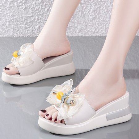 

LIANGP Women s Sandals Fashion Summer Women Sandals Wedge Heel Platform Lightweight Ribbon Bow Open Toe Women s Shoes Beige Size 7.5