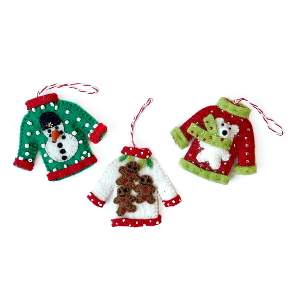 Ugly Christmas Sweater Ornament Trio - Felt Wool Fair Trade Handmade Nepal