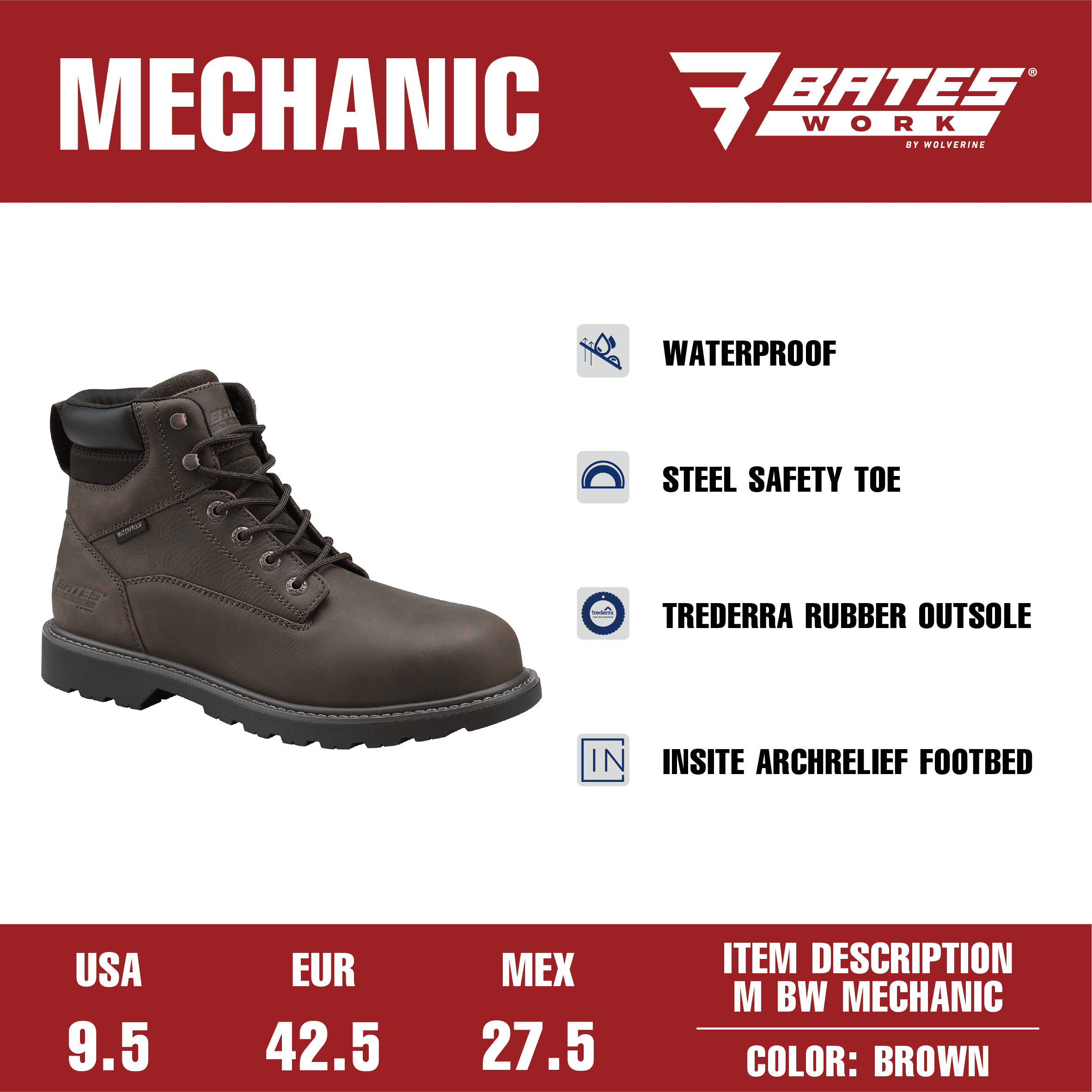 Bates Work by Wolverine Men's Mechanic Waterproof Steel Toe Work Boot
