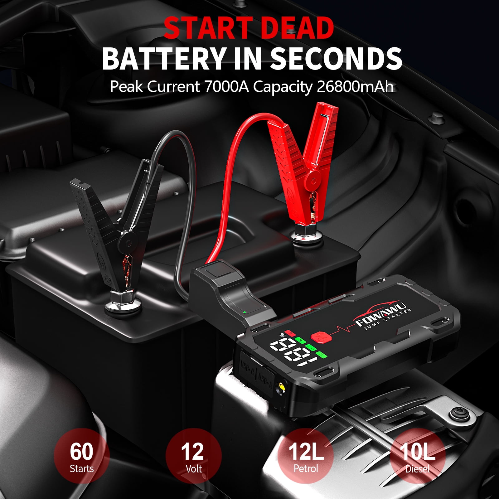 FOWAWU 26800mAh 7000A Jump Starter for 12V Vehicles, Car Battery Jump Starter Power Pack with Smart Jumper