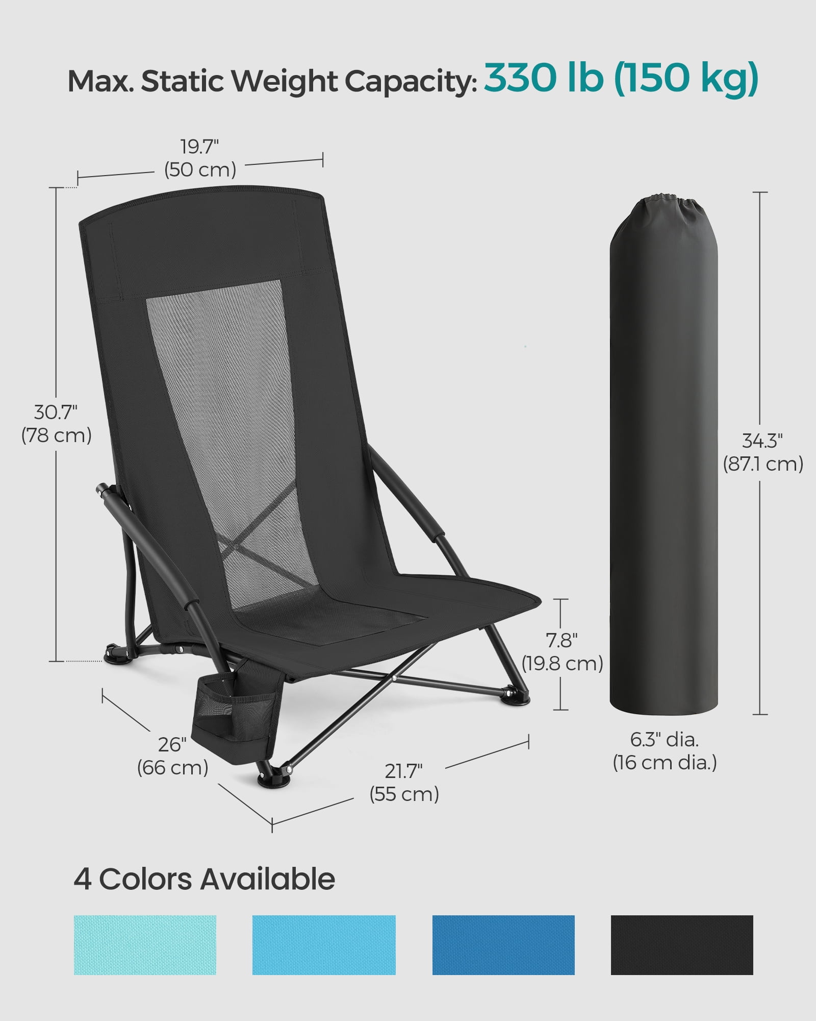 Set of 2 Camping Chairs, Beach Chairs, Portable Outdoor Chairs, with High Backrest, Cup Holder, Lightweight, Heavy-Duty, Max. Load 330 lb per Chair, Black