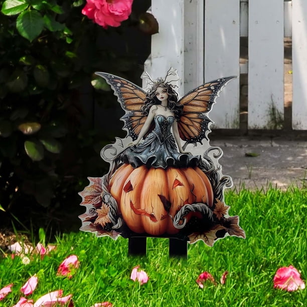 Decoración acrílica de calabaza con bruja alada para Halloween | Estaca para jardín y césped | Accesorio espeluznante para fiestas, decoración del hogar y exhibiciones de casas embrujadas