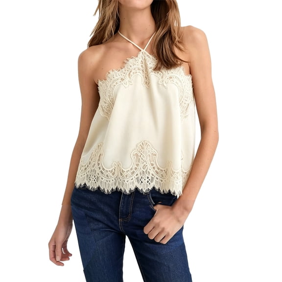 BODOAO Women’s Lace Trim Camisole Top, Sleeveless Spaghetti Strap Cami with Scalloped Eyelash Lace and Flowy Loose Fit, Dressy Casual Going Out Tank for Date Night and Parties Beige L