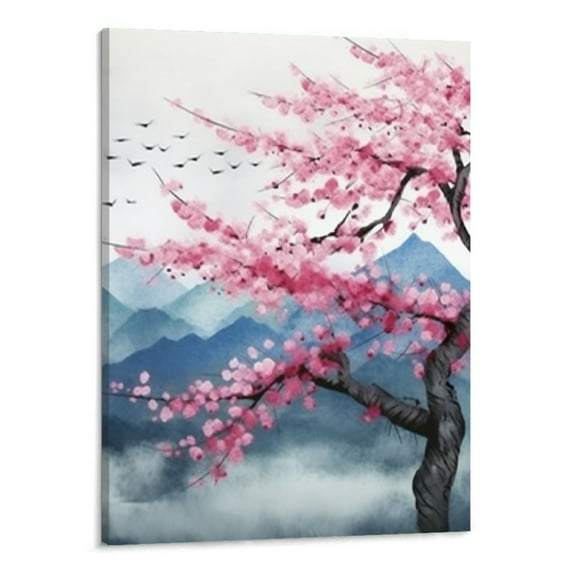 Creowell Japanese Wall Art Cherry Blossom Tree Pictures for Wall Decorations Pink Wall Decor Floral Wall Pictures for Bathroom Canvas Art for Bedroom Framed 16x20inch