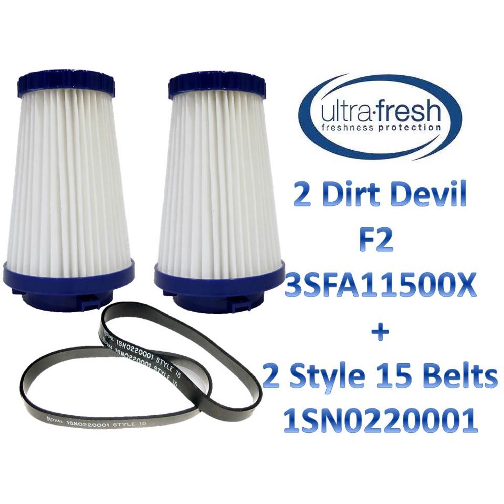 2 Dirt Devil F2 Filters (3SFA11500X) + 2 Style 15 Belts (3SN0220001) by