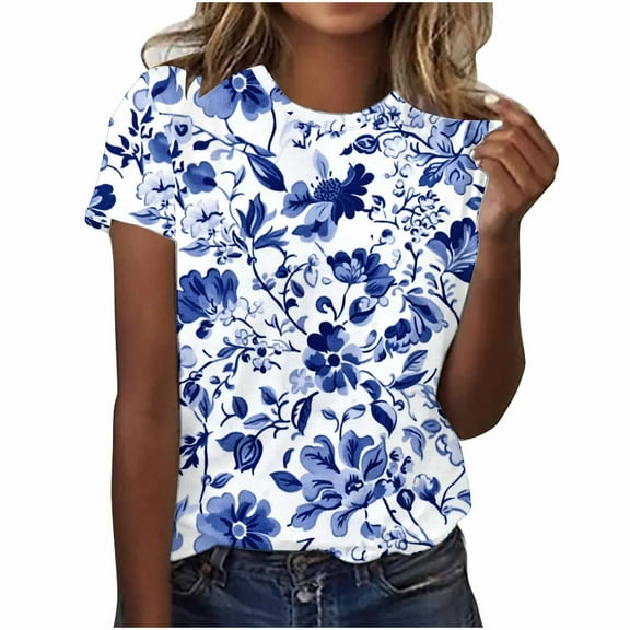Women's Floral Print T-shirts Plus Size Summer Graphic Basic Tees Short Sleeve Tunic Tops Loose Fit (XL, Blue 01)