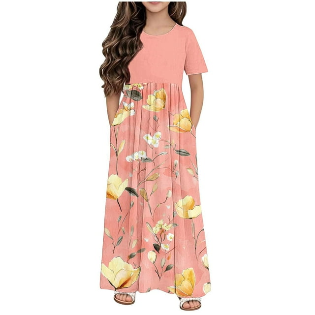 DecSea Robe Évasée Florale pour Filles Manches Courtes avec Poches, Tenue Décontractée Vacances/quotidien