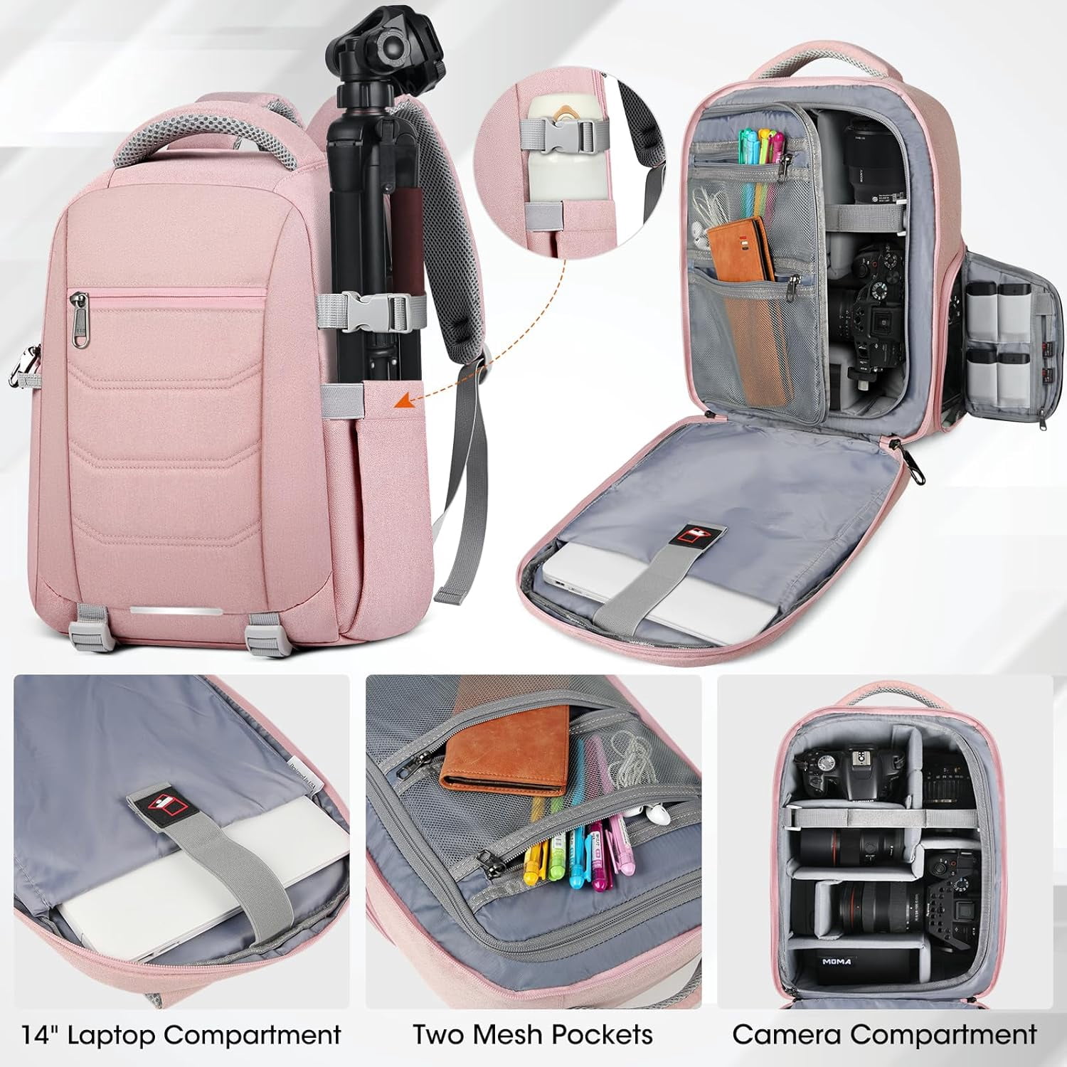 Camera Bag Backpack Professional for DSLR SLR Mirrorless Camera Waterproof Laptop Back Pack 14 Inch with Rain Cover Anti Theft Travel Case Large Capacity Photography Backpack Black