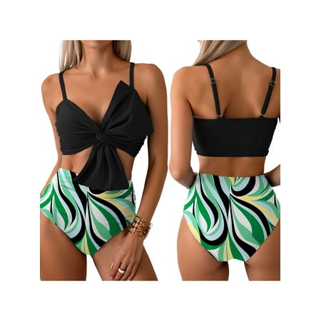 NUIDARAIO Women s Two Piece Bikini Bathing Suits Sleeveless Ruched Knot Cami Tops High Waist Thong Swimsuits
