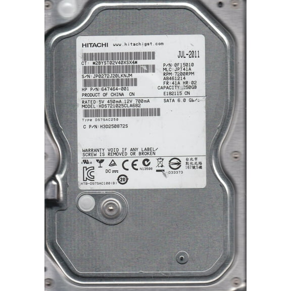 HDS721025CLA682, PN 0F15010, MLC JPT41A, Hitachi 250GB SATA 3.5 Hard Drive