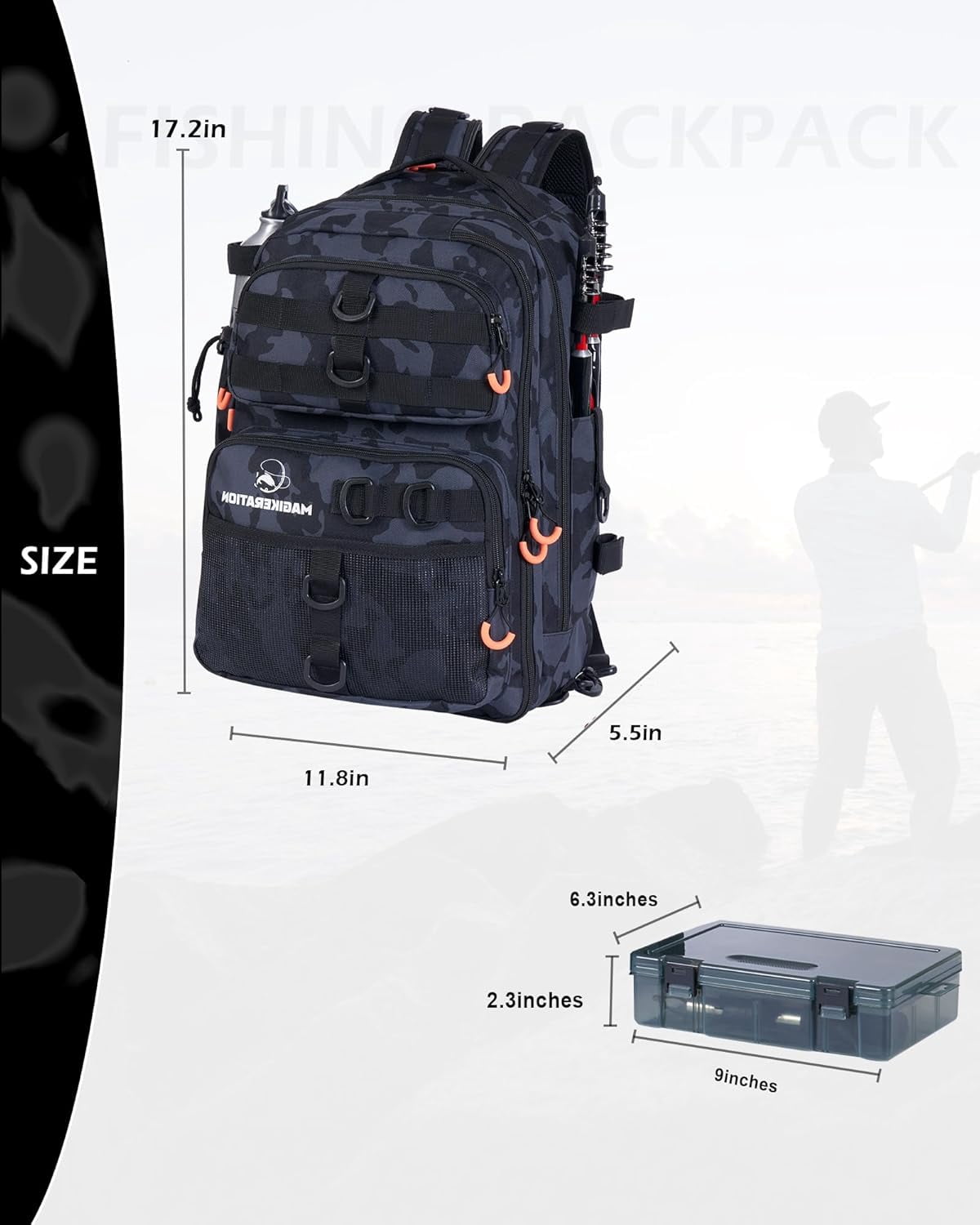 Fishing Backpack with Tackle Box,900D Oxford Water-Resistant Gear with Rod Holder, Fishing Gifts for Men with Lures, Pliers, Lip Gripper