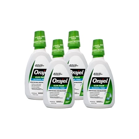 Orajel 2X Medicated Gum Pain Rinse, Alcohol-Free Oral Pain Relief, Soothing Mint, 16 fl oz Pack of 4