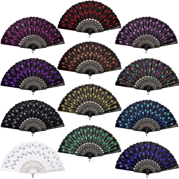 Abanicos plegables de tela de lentejuelas de 12 piezas, abanicos de mano de pavo real, abanicos de encaje de flores, abanicos plegables de mano para W