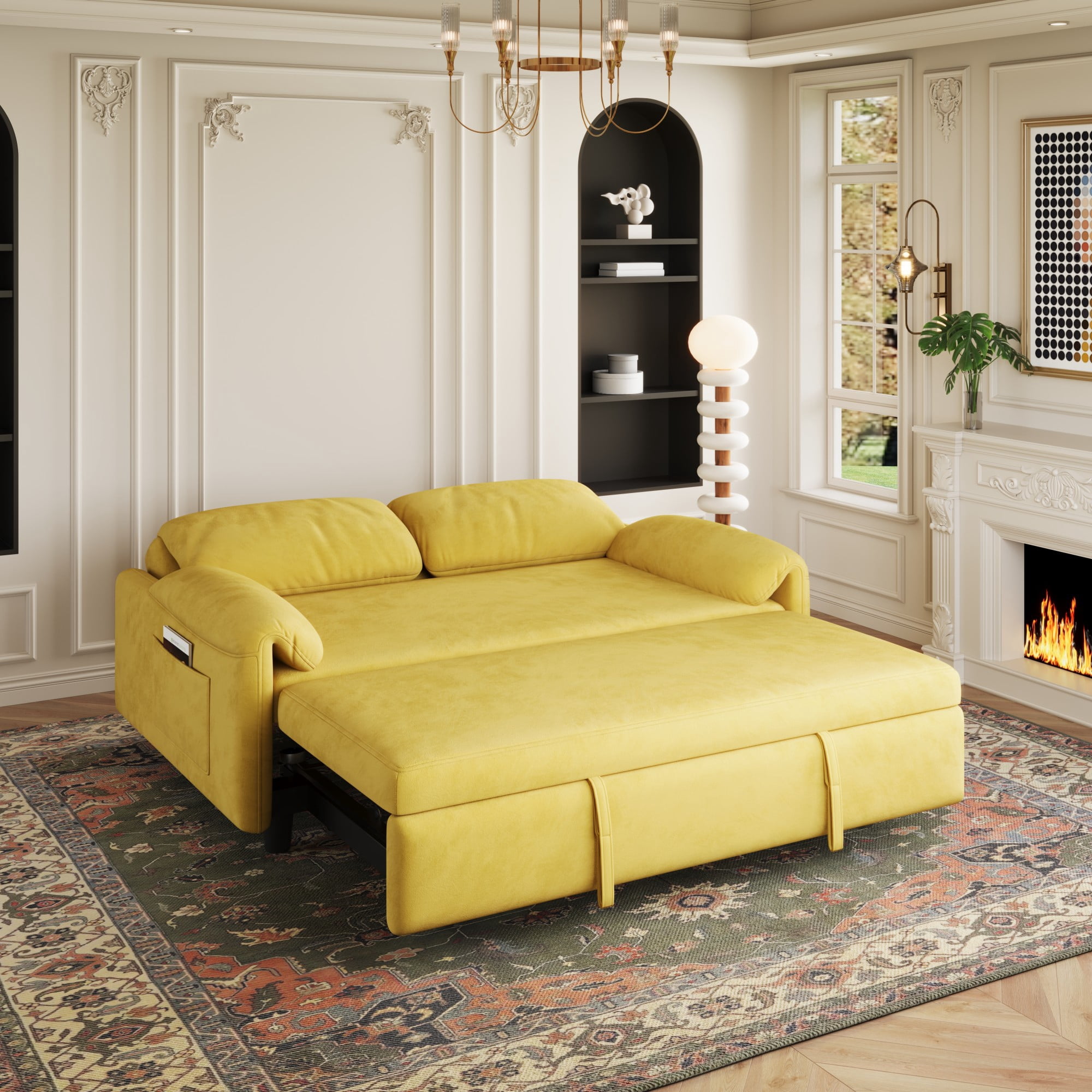 54" Velvet Futon Sofa Bed Convertible Sleeper Sofa Bed Pull Out Sofa Bed With Adjustable Backrest for Living Room,Office,Yellow
