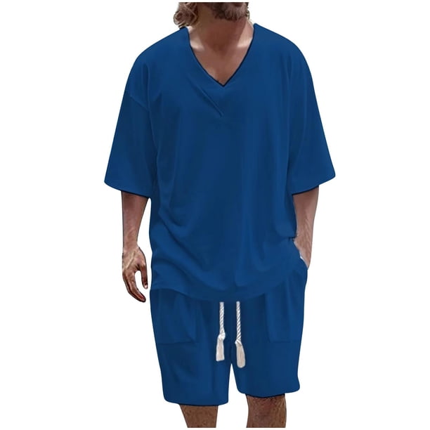 Blusa de Manga Corta Hombres de Moda Casual Sólido Turndown Top Blusas Traje Conjunto, Traje de Dos Piezas para Diario Y Casual