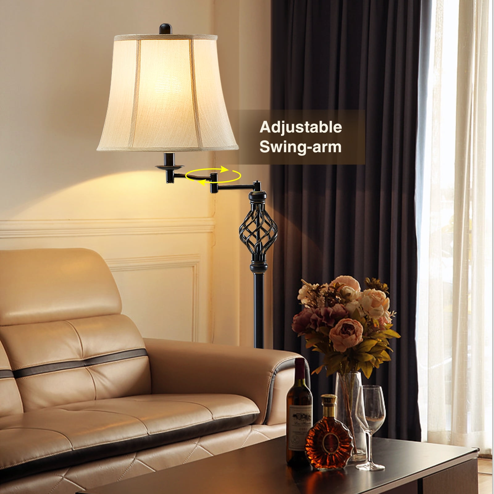 NATYSWAN  Traditional 3 Color Temperature Floor Lamp with 350° Adjustable Swing Arm Lamp, Vintage Standing Pole Lamps for Living Room, Bedroom and Office